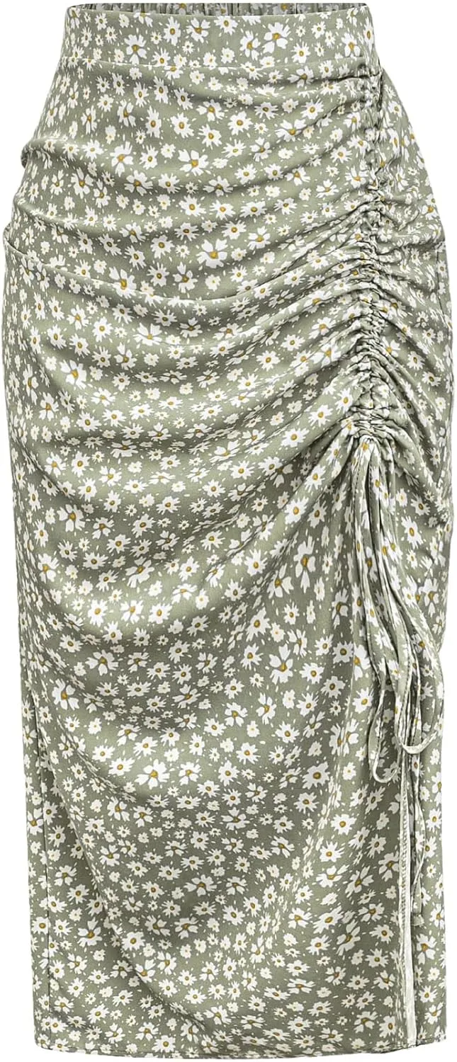 Floerns Women's Plus Size Floral Print High Waist Drawstring Slit Midi Skirts