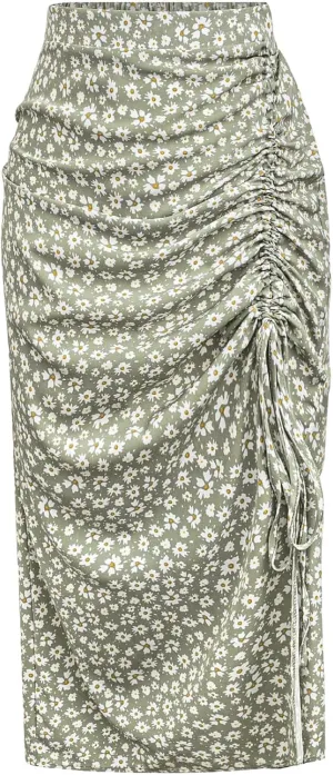 Floerns Women's Plus Size Floral Print High Waist Drawstring Slit Midi Skirts