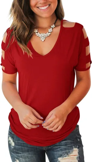 Jescakoo Women's Short Sleeve Cut Out Cold Shoulder Tops Deep V Neck T Shirts