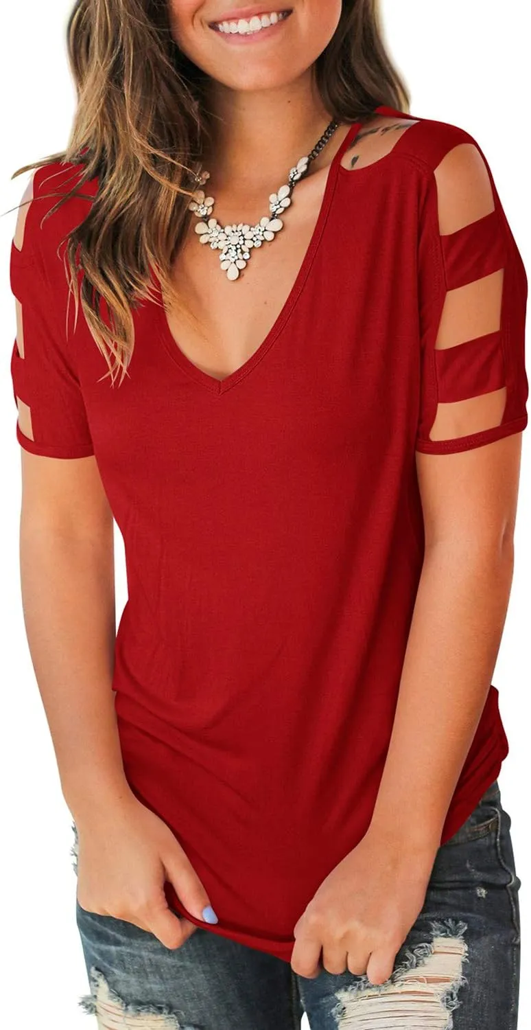 Jescakoo Women's Short Sleeve Cut Out Cold Shoulder Tops Deep V Neck T Shirts