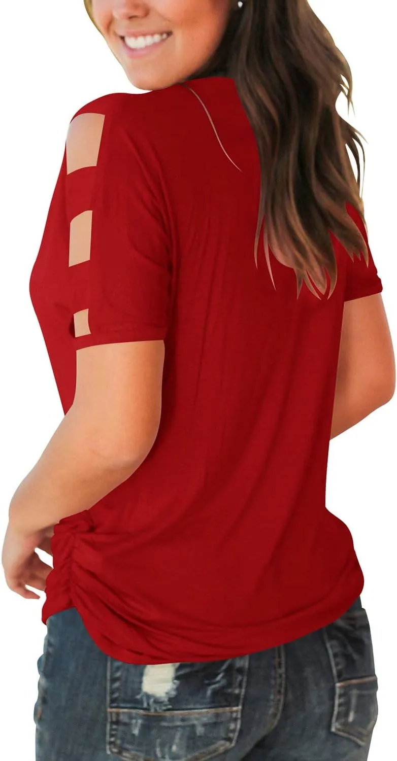 Jescakoo Women's Short Sleeve Cut Out Cold Shoulder Tops Deep V Neck T Shirts