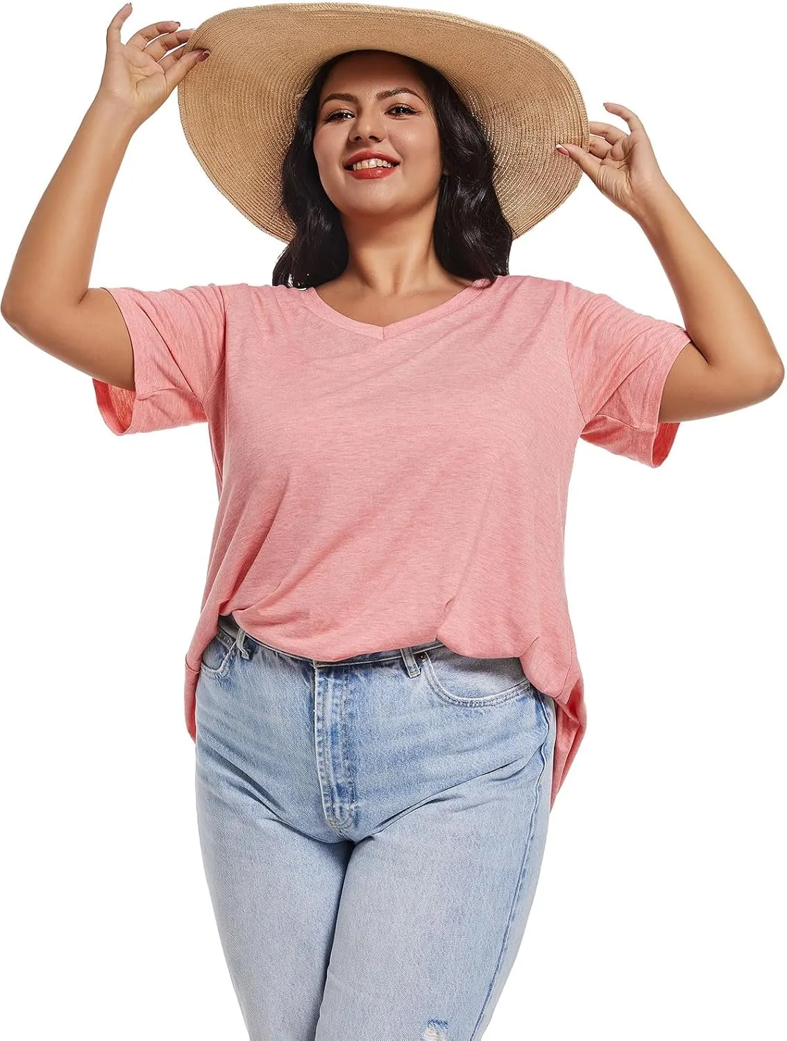 JOELLYUS Plus Size Tops for Women Summer Top Loose Fit Tee Shirts V Neck Short Sleeve Blouse