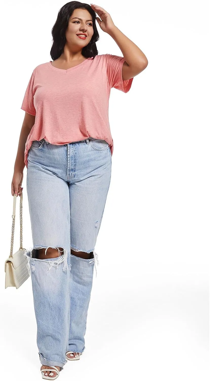 JOELLYUS Plus Size Tops for Women Summer Top Loose Fit Tee Shirts V Neck Short Sleeve Blouse