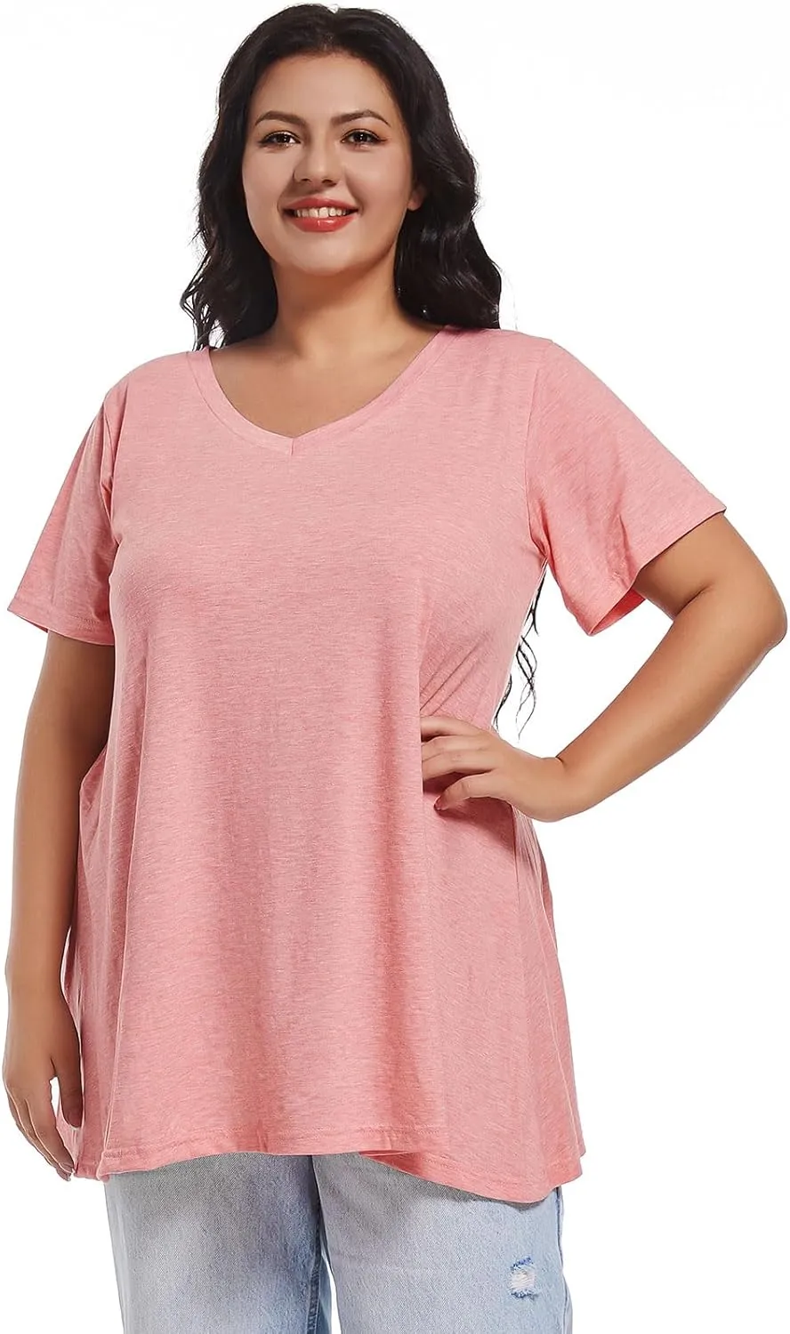 JOELLYUS Plus Size Tops for Women Summer Top Loose Fit Tee Shirts V Neck Short Sleeve Blouse