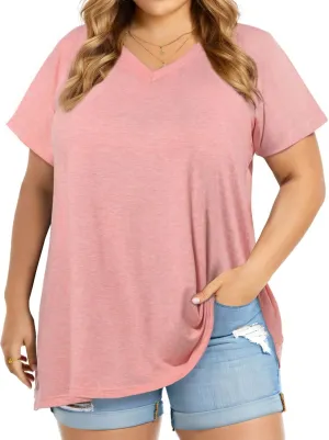 JOELLYUS Plus Size Tops for Women Summer Top Loose Fit Tee Shirts V Neck Short Sleeve Blouse