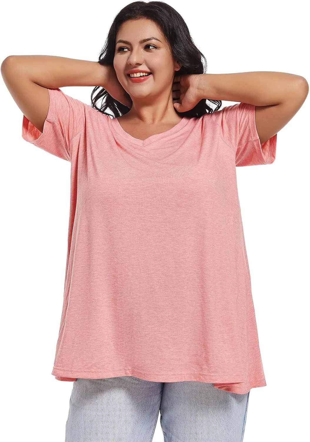 JOELLYUS Plus Size Tops for Women Summer Top Loose Fit Tee Shirts V Neck Short Sleeve Blouse