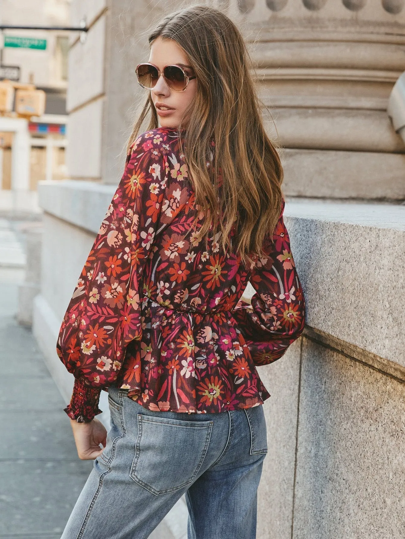 KittenAlarm - Women Deep V Neck Bow Front Long Sleeve Print Blouse
