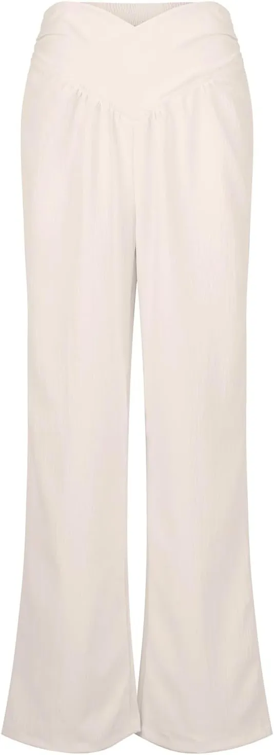 Linen Pants Women Bootcut Wide Leg Summer Boho Pants with Pockets Elastic High Waisted Crossover Plus Size Palazzo Pant