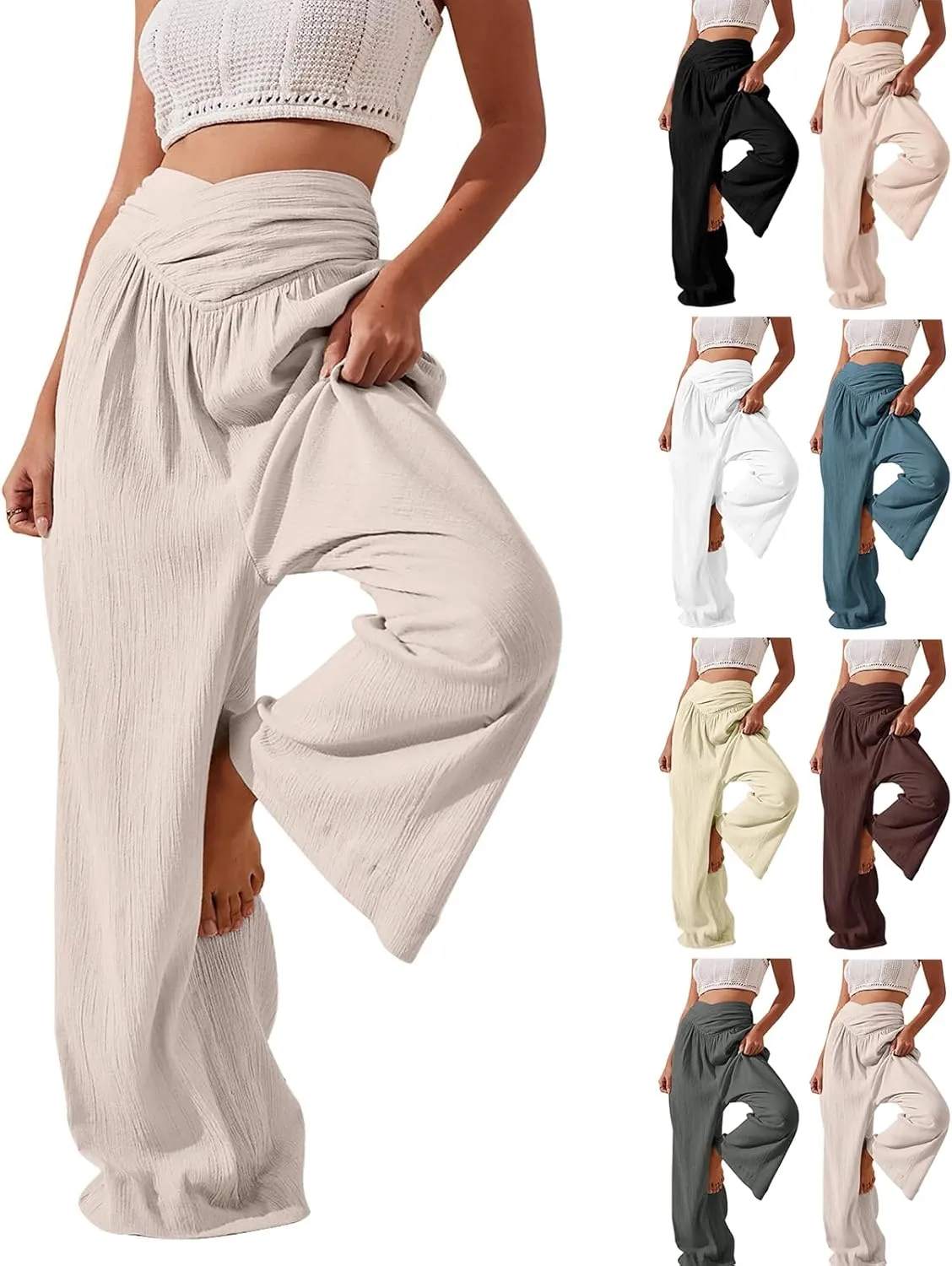 Linen Pants Women Bootcut Wide Leg Summer Boho Pants with Pockets Elastic High Waisted Crossover Plus Size Palazzo Pant