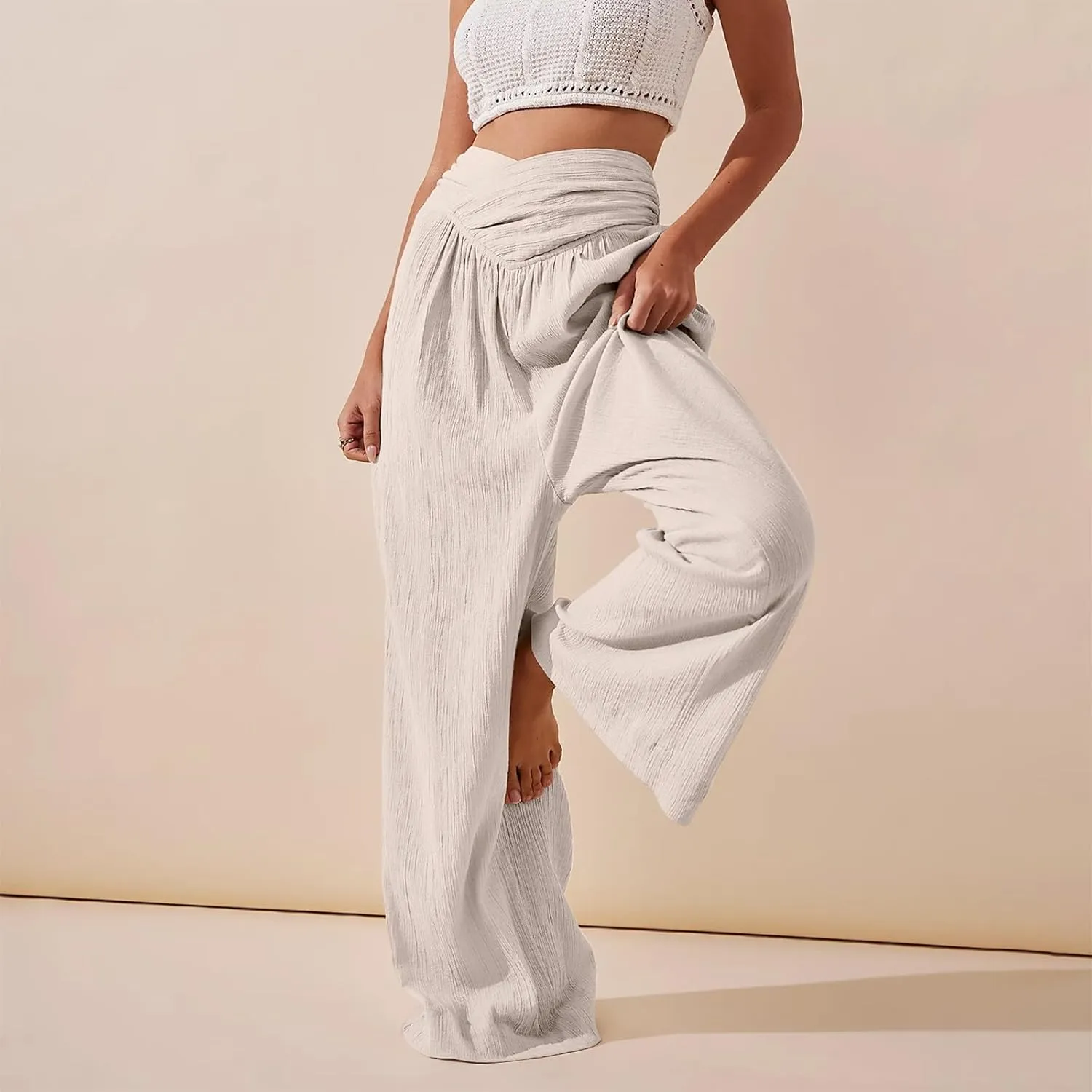 Linen Pants Women Bootcut Wide Leg Summer Boho Pants with Pockets Elastic High Waisted Crossover Plus Size Palazzo Pant