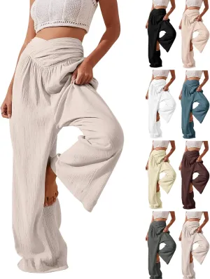 Linen Pants Women Bootcut Wide Leg Summer Boho Pants with Pockets Elastic High Waisted Crossover Plus Size Palazzo Pant