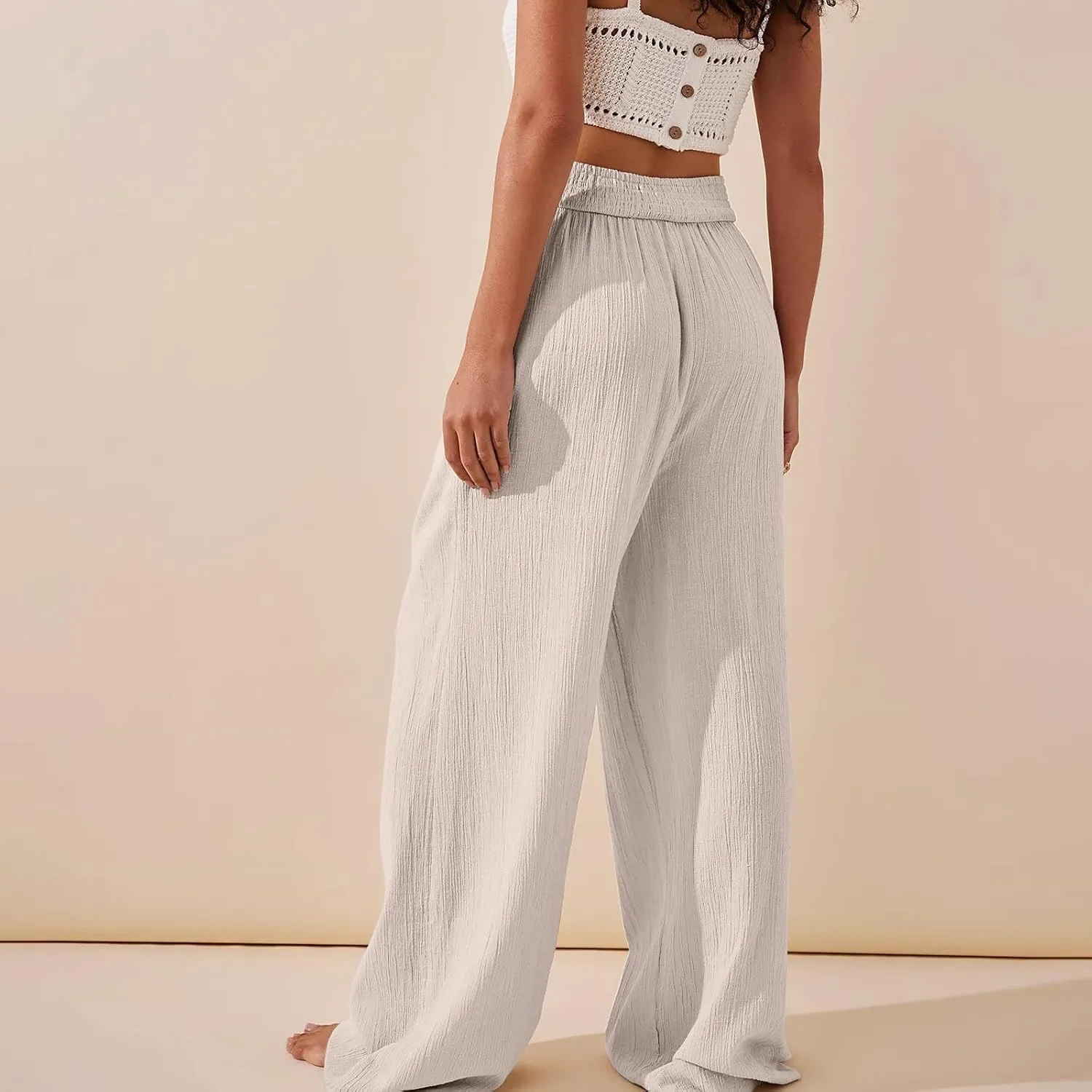 Linen Pants Women Bootcut Wide Leg Summer Boho Pants with Pockets Elastic High Waisted Crossover Plus Size Palazzo Pant