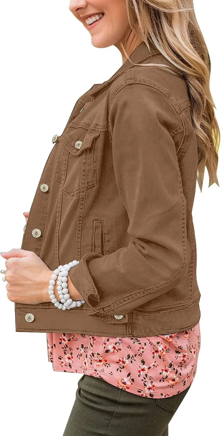 LookbookStore Women's Basic Long Sleeves Button Down Fitted Denim Jean Jackets