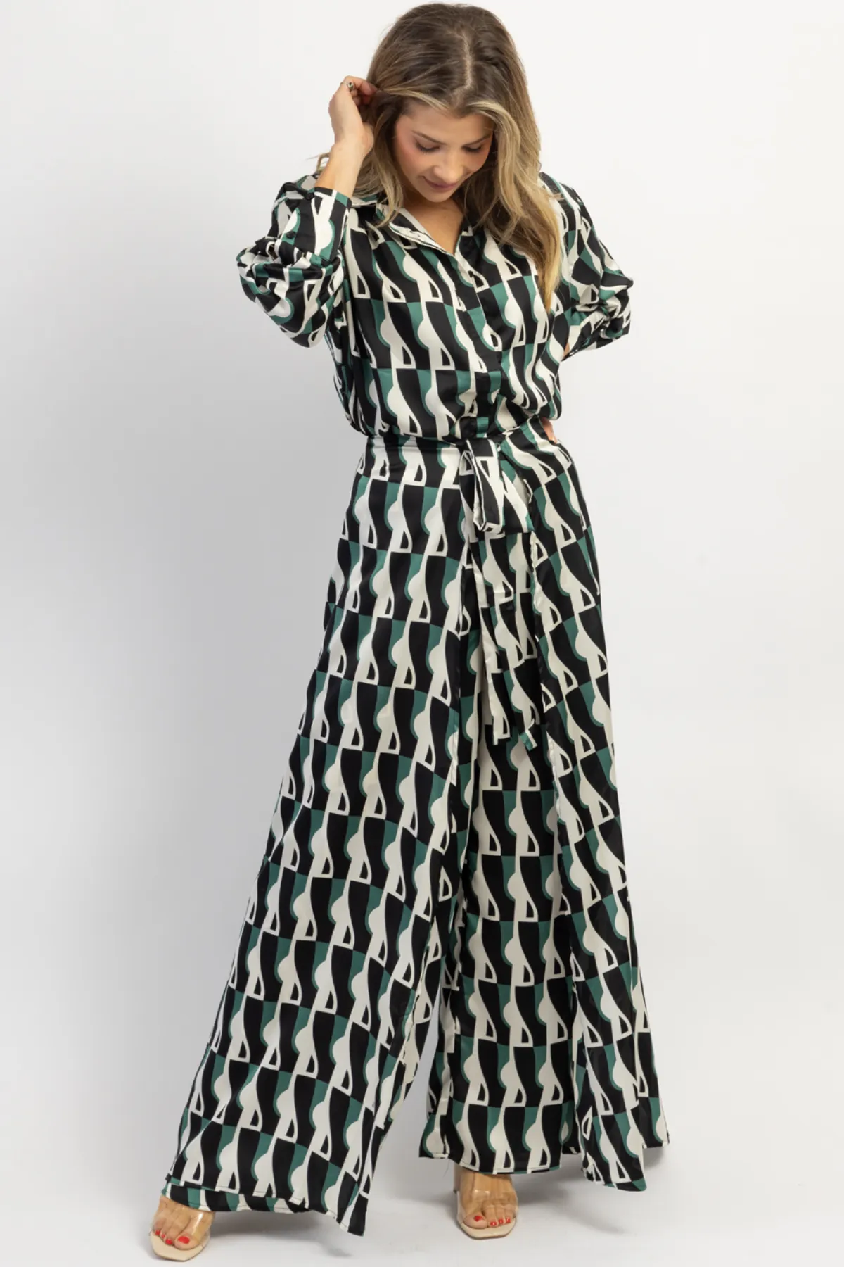 LOUVRE BLUE-GREEN TIE PANT   TOP SET