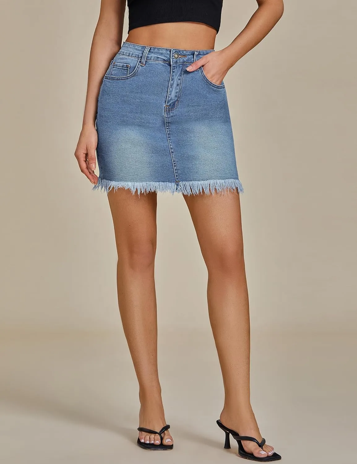luvamia Women's Casual Mid Waisted Washed Frayed Pockets Denim Jean Short Skirt