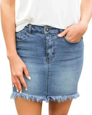 luvamia Women's Casual Mid Waisted Washed Frayed Pockets Denim Jean Short Skirt