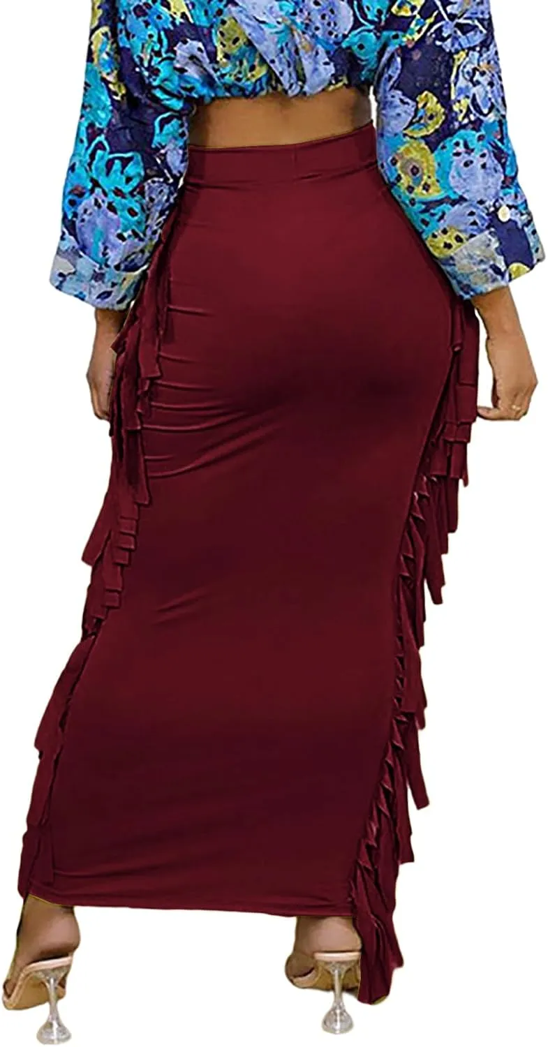 LYANER Women's Fringed Side Tassels Elastic Waist Slim Bodycon Pencil Maxi Skirts