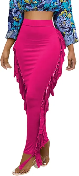 LYANER Women's Fringed Side Tassels Elastic Waist Slim Bodycon Pencil Maxi Skirts