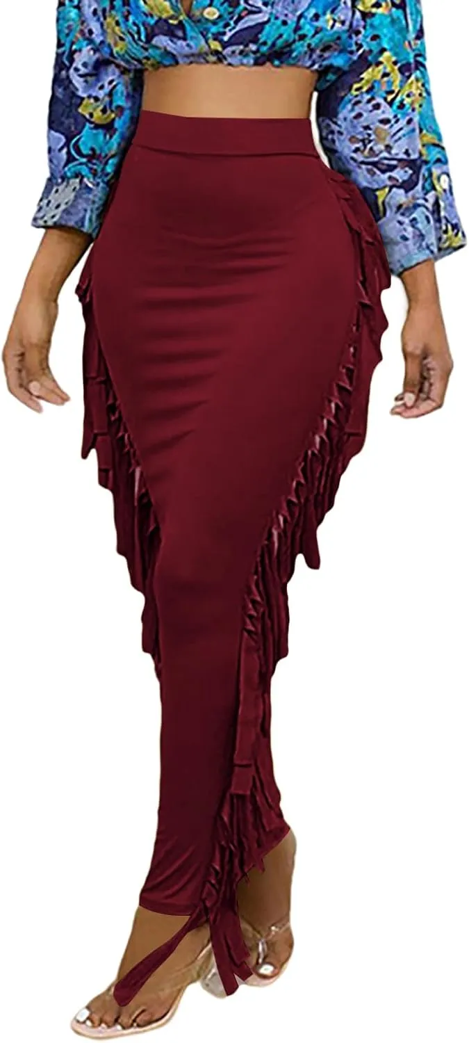 LYANER Women's Fringed Side Tassels Elastic Waist Slim Bodycon Pencil Maxi Skirts