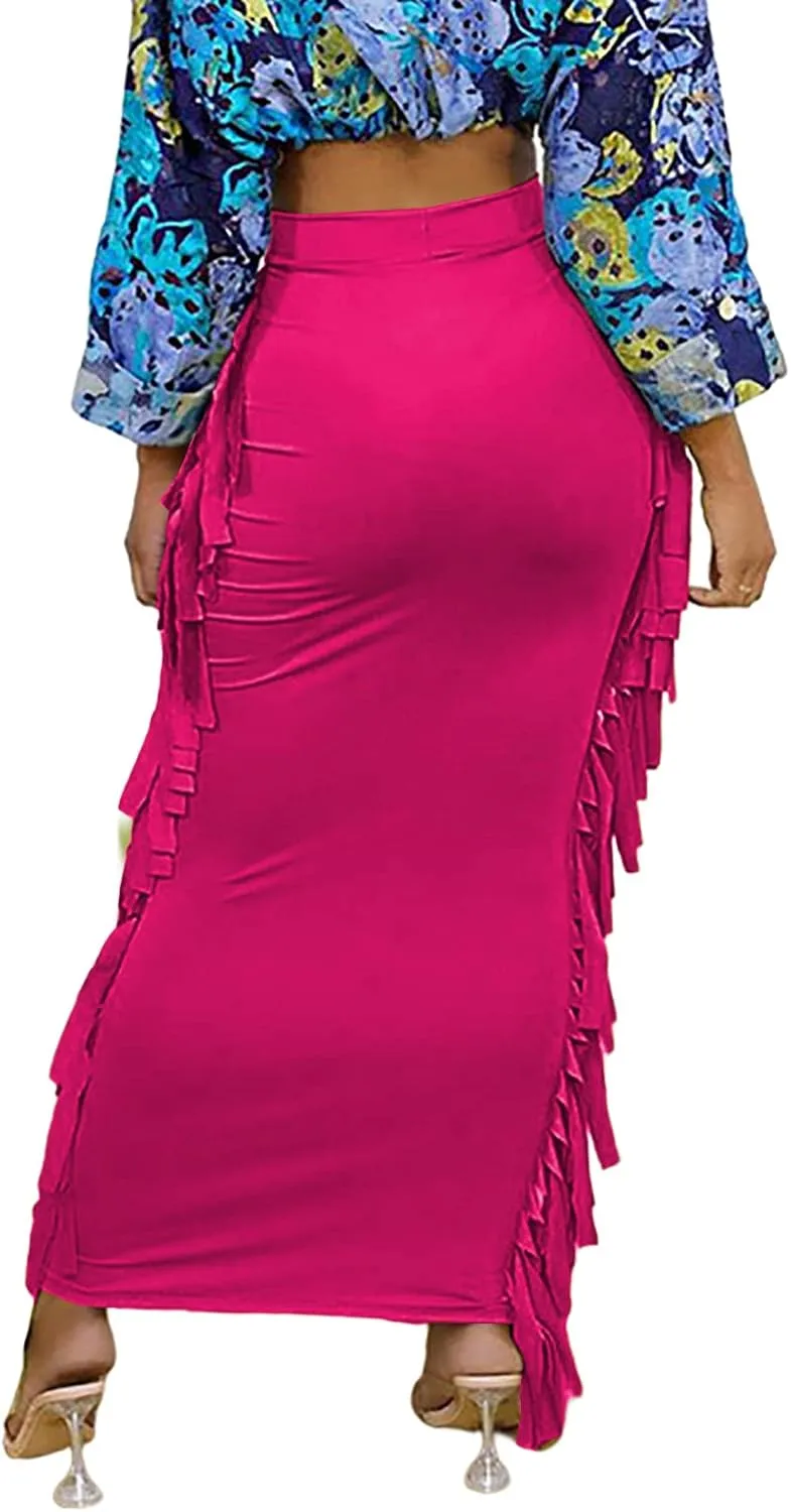 LYANER Women's Fringed Side Tassels Elastic Waist Slim Bodycon Pencil Maxi Skirts