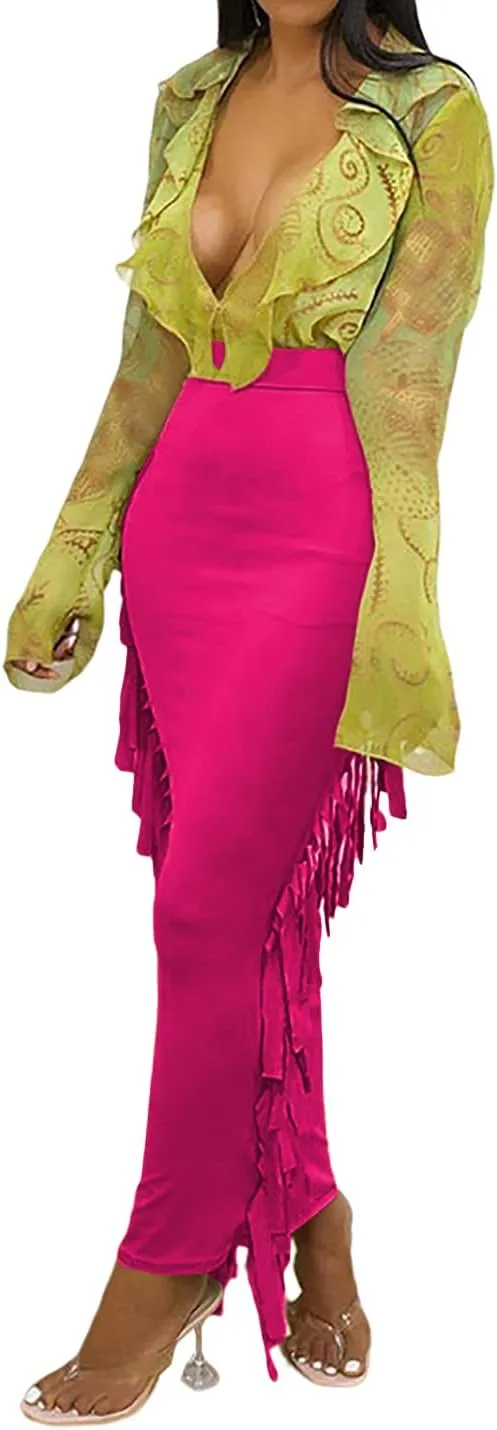 LYANER Women's Fringed Side Tassels Elastic Waist Slim Bodycon Pencil Maxi Skirts