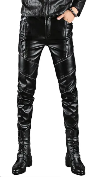 Men`s Black Slim Fit Soft PU Faux Leather Biker Pants