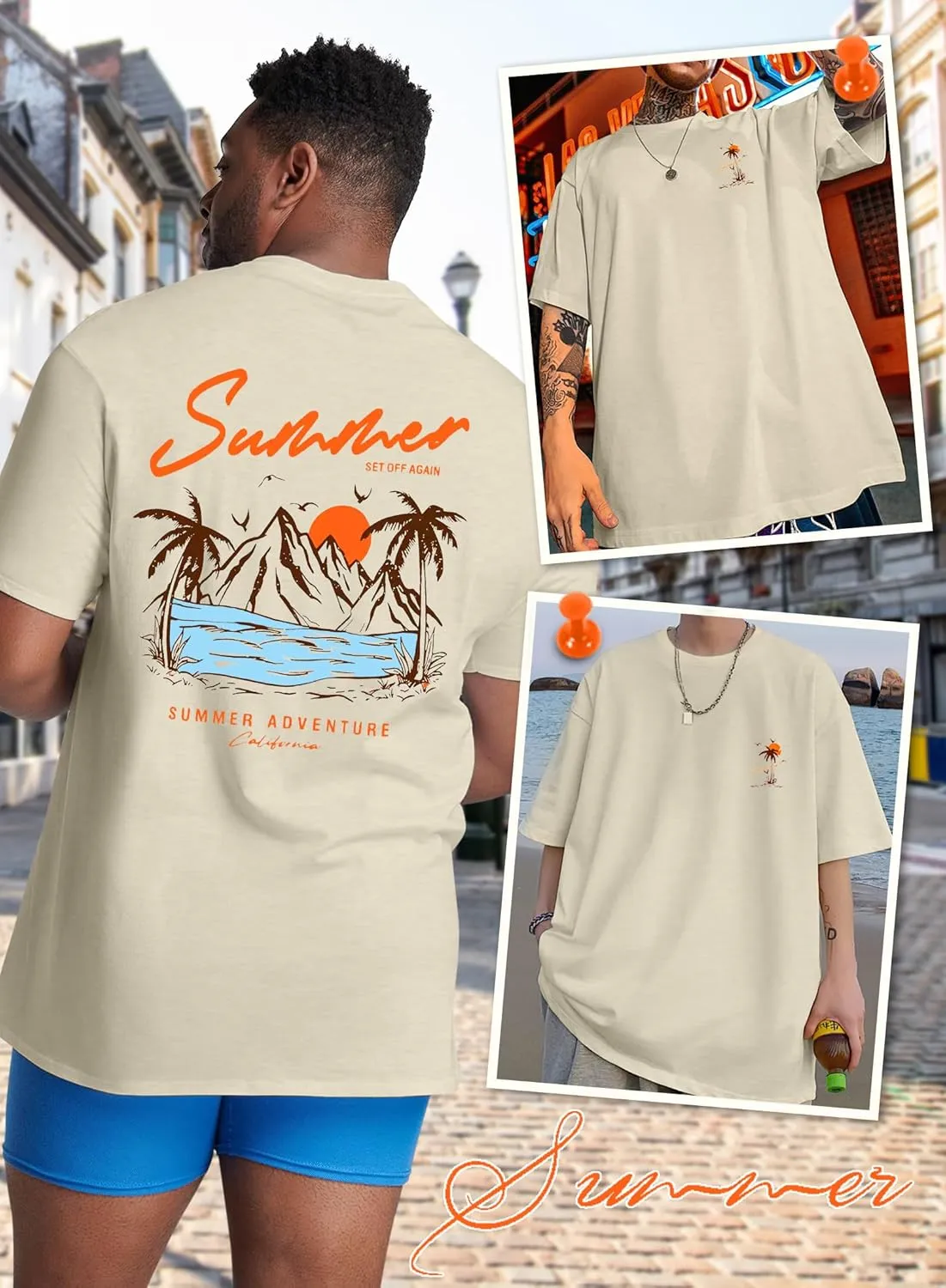 Men's Graphic Tee - Summer Cartoon Letter Top Landscape Slogan Palm Tree Print Vintage Casual Short Sleeve T-Shirt