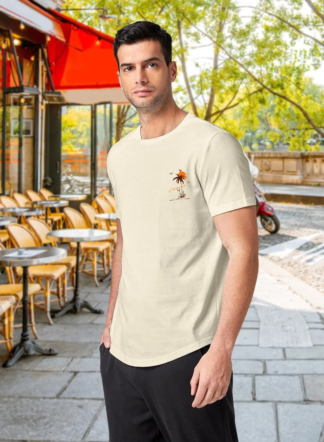 Men's Graphic Tee - Summer Cartoon Letter Top Landscape Slogan Palm Tree Print Vintage Casual Short Sleeve T-Shirt