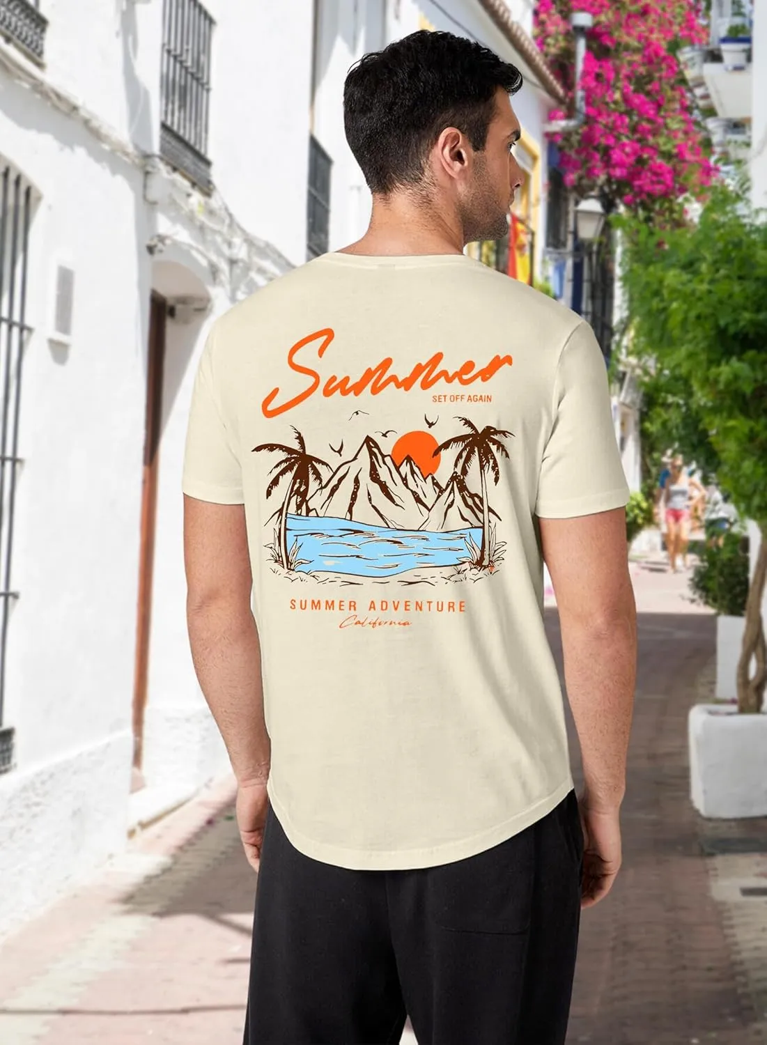 Men's Graphic Tee - Summer Cartoon Letter Top Landscape Slogan Palm Tree Print Vintage Casual Short Sleeve T-Shirt