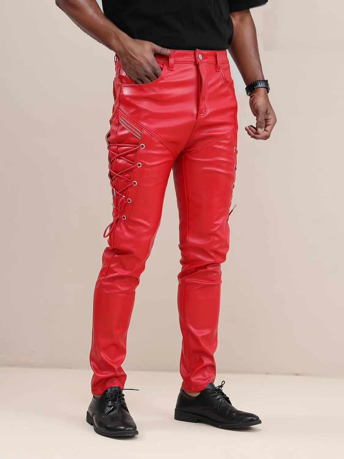 Men`s Rock Steampunk Lace Up PU Leather Pants Slim Fit