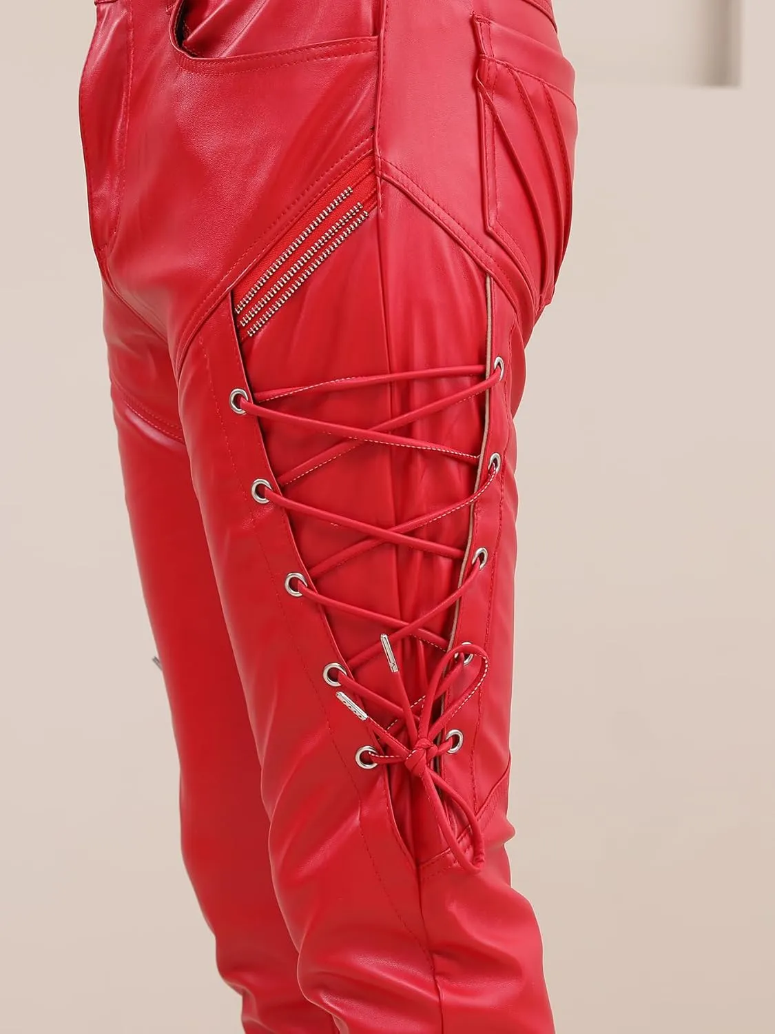 Men`s Rock Steampunk Lace Up PU Leather Pants Slim Fit