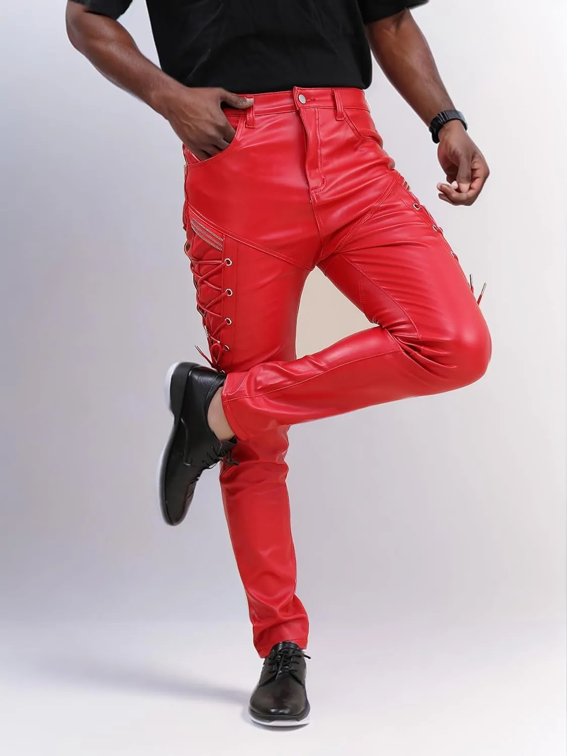 Men`s Rock Steampunk Lace Up PU Leather Pants Slim Fit