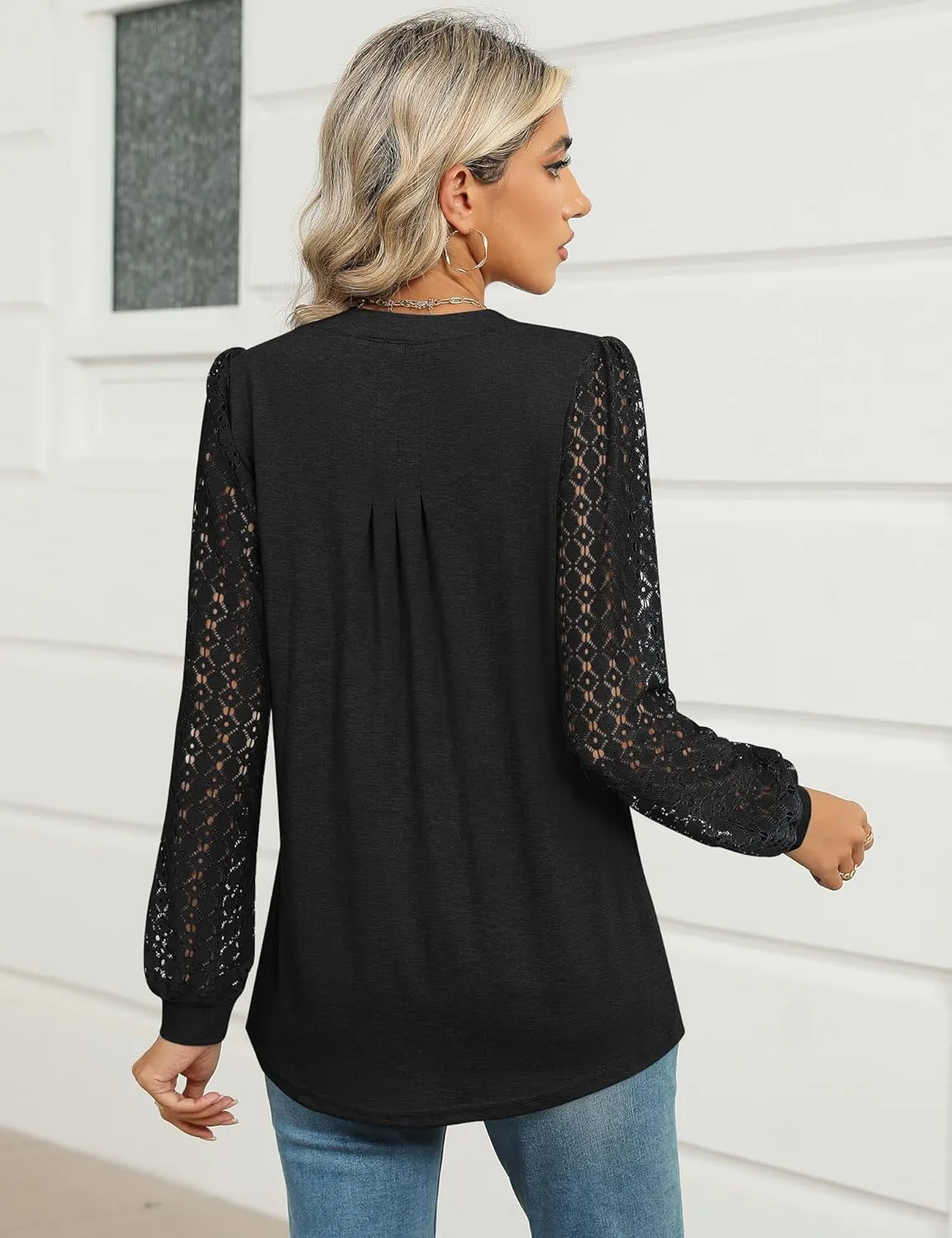 Micoson Womens Lace Long Sleeve Tops V Neck Pleated Blouses Dressy Casual Work Shirts