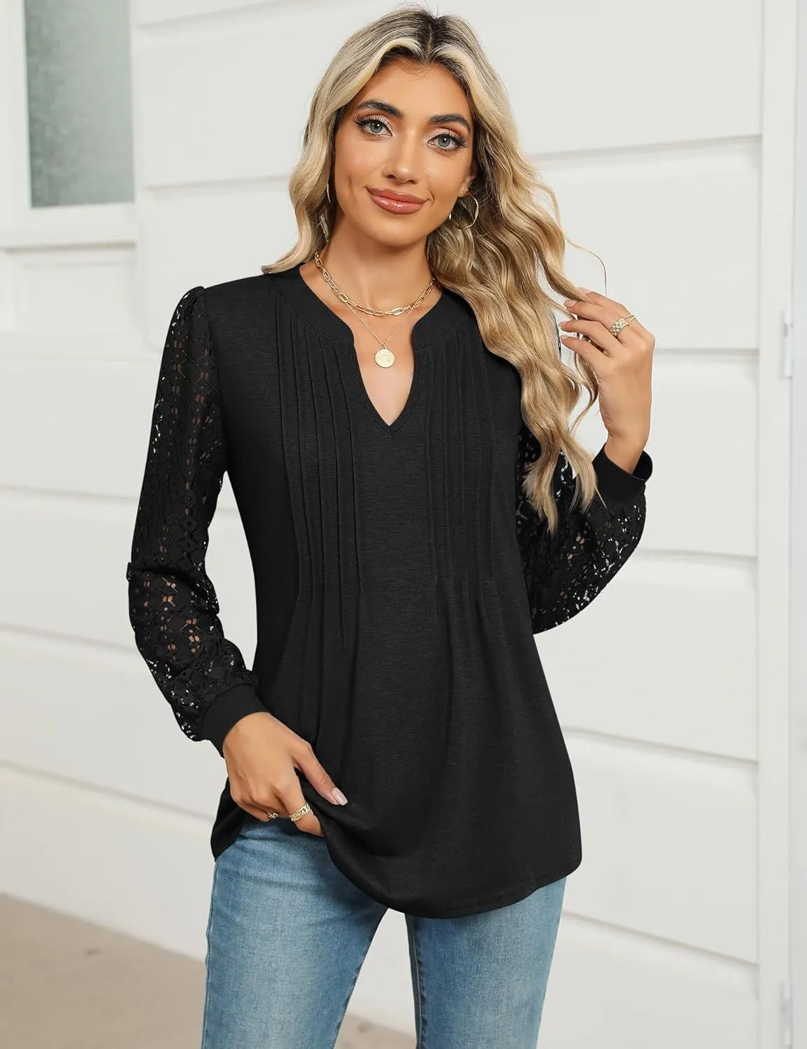 Micoson Womens Lace Long Sleeve Tops V Neck Pleated Blouses Dressy Casual Work Shirts