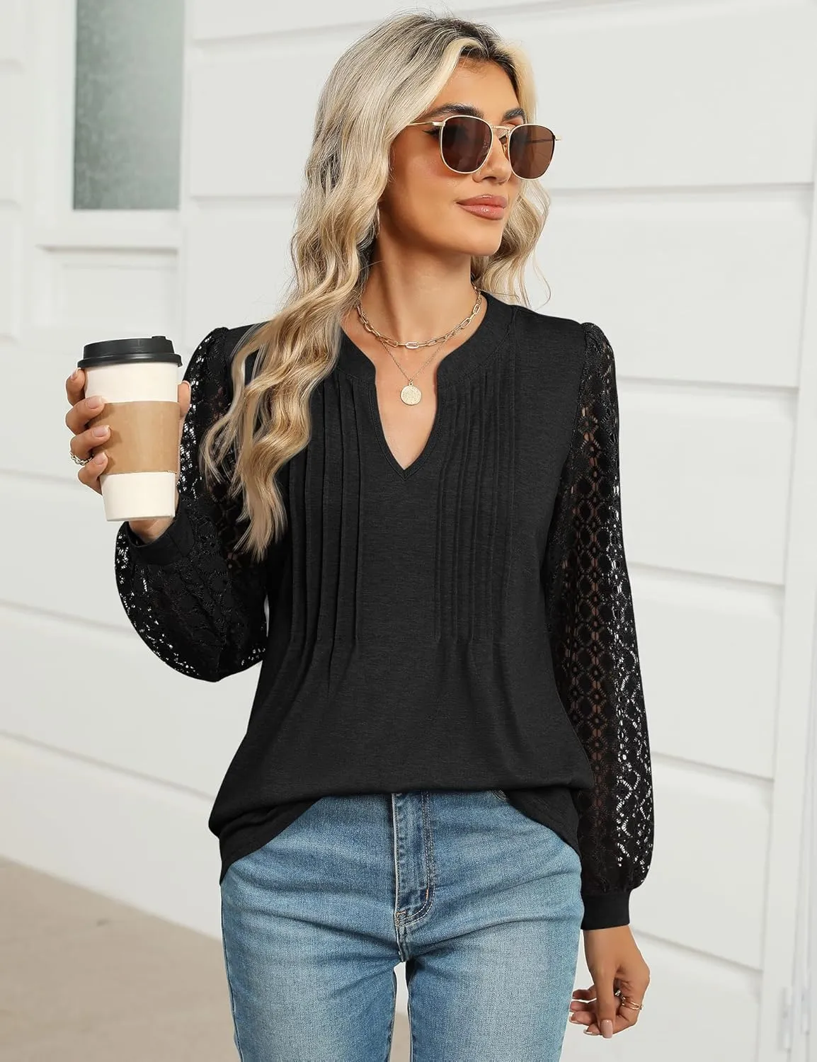 Micoson Womens Lace Long Sleeve Tops V Neck Pleated Blouses Dressy Casual Work Shirts