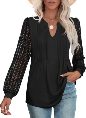 Micoson Womens Lace Long Sleeve Tops V Neck Pleated Blouses Dressy Casual Work Shirts