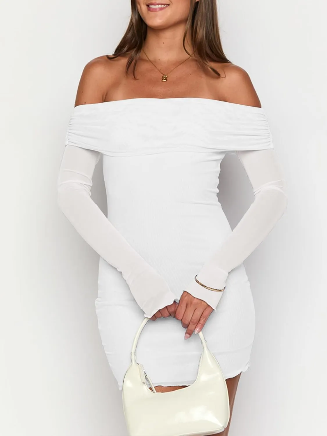 Mokoru Women's Sexy Bodycon Off The Shoulder Mesh Long Sleeve Elegant Cocktail Party Mini Dresses