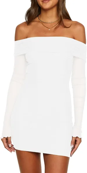 Mokoru Women's Sexy Bodycon Off The Shoulder Mesh Long Sleeve Elegant Cocktail Party Mini Dresses