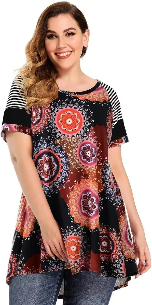 MONNURO Plus Size Tunics Leopard Print Tops For Women Casual Short Sleeve Striped Shirt Loose Fit