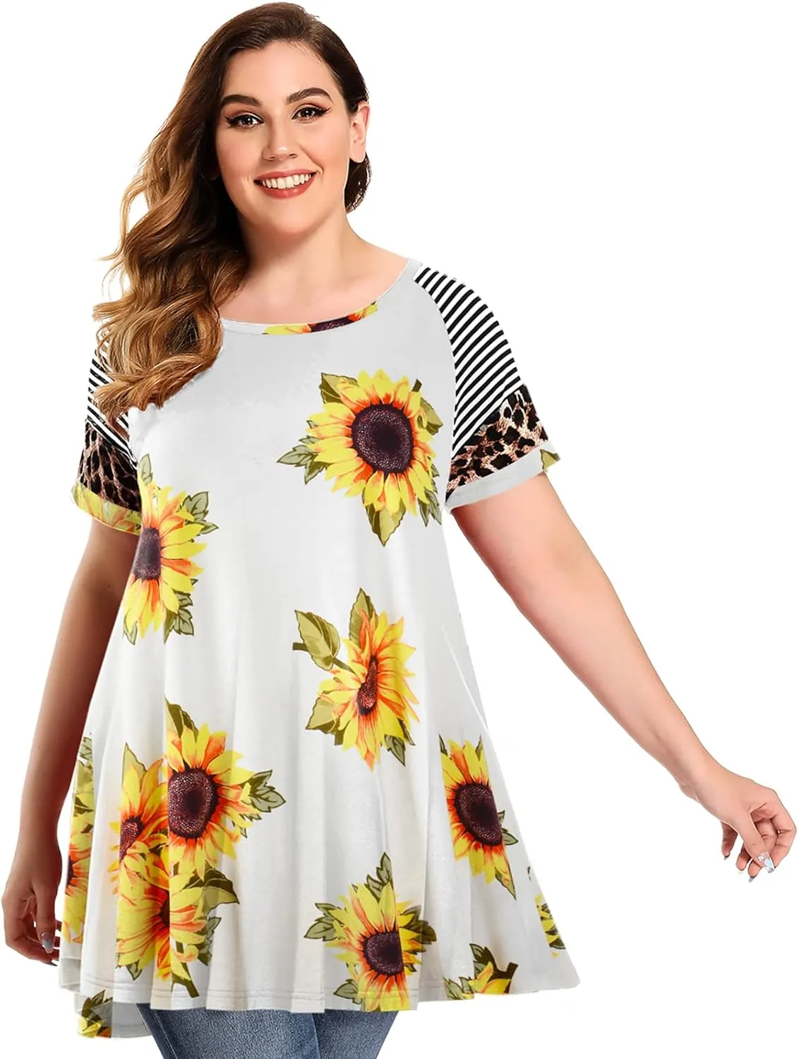 MONNURO Plus Size Tunics Leopard Print Tops For Women Casual Short Sleeve Striped Shirt Loose Fit