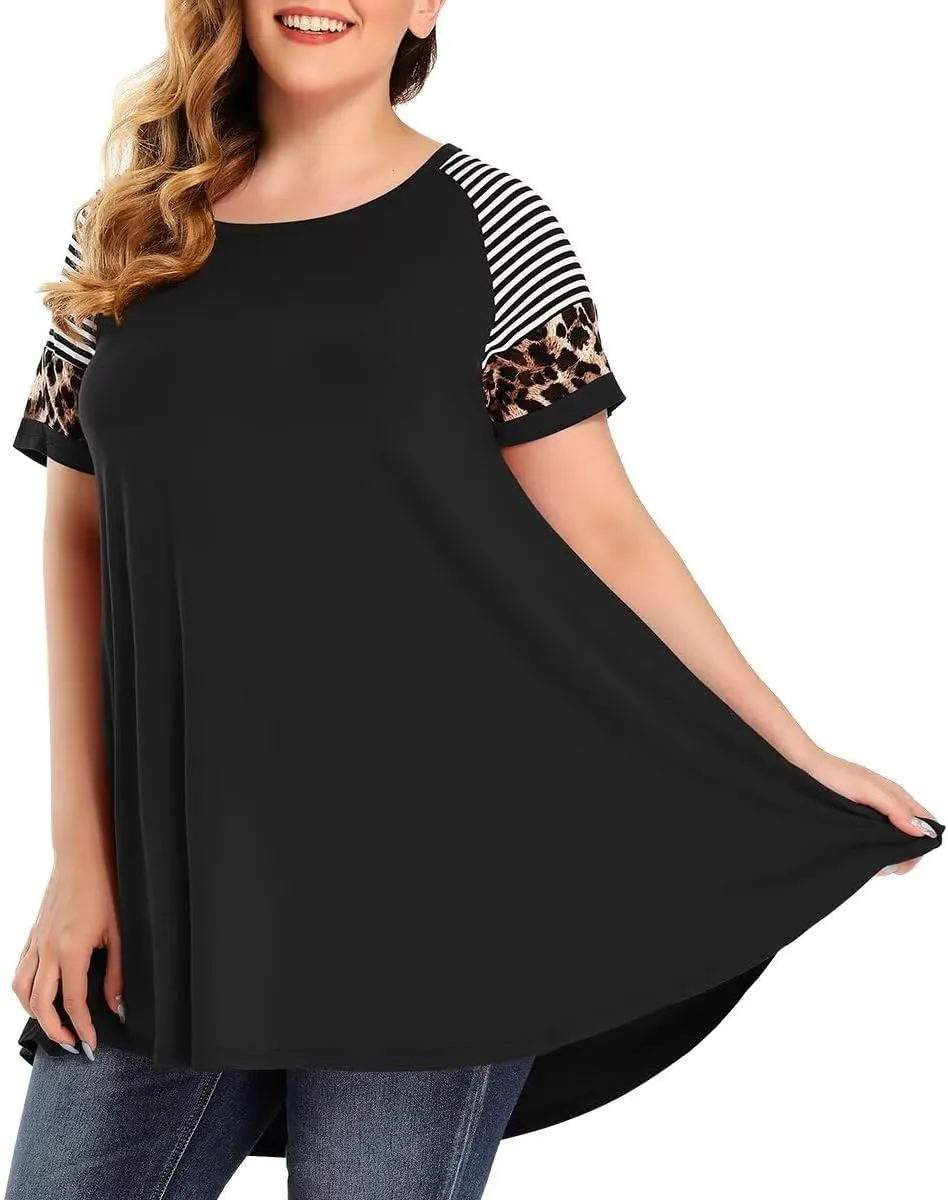 MONNURO Plus Size Tunics Leopard Print Tops For Women Casual Short Sleeve Striped Shirt Loose Fit