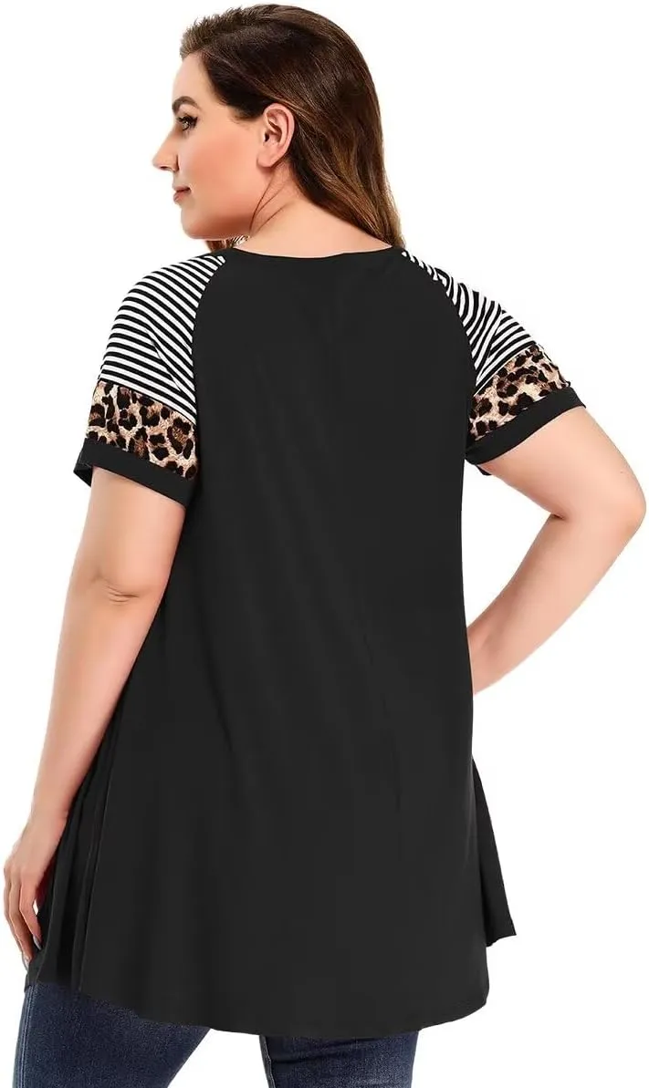 MONNURO Plus Size Tunics Leopard Print Tops For Women Casual Short Sleeve Striped Shirt Loose Fit