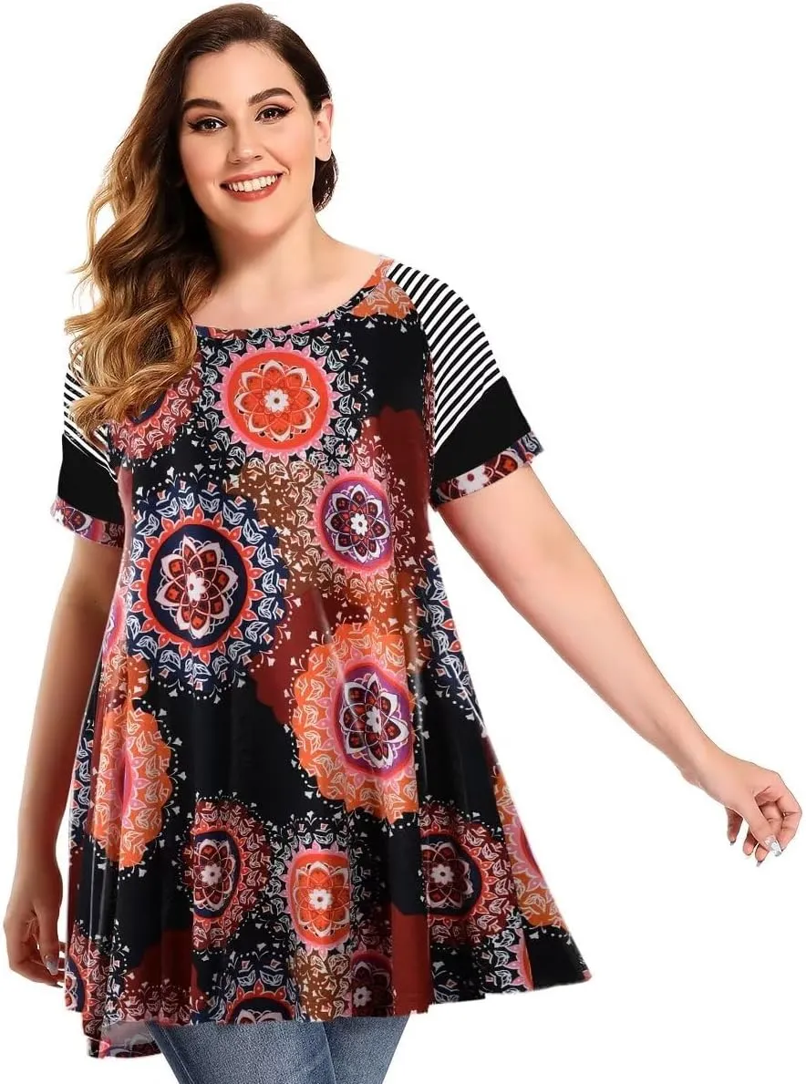 MONNURO Plus Size Tunics Leopard Print Tops For Women Casual Short Sleeve Striped Shirt Loose Fit