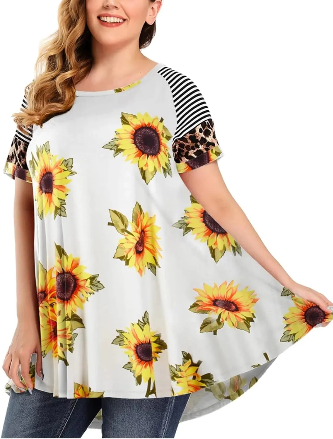 MONNURO Plus Size Tunics Leopard Print Tops For Women Casual Short Sleeve Striped Shirt Loose Fit