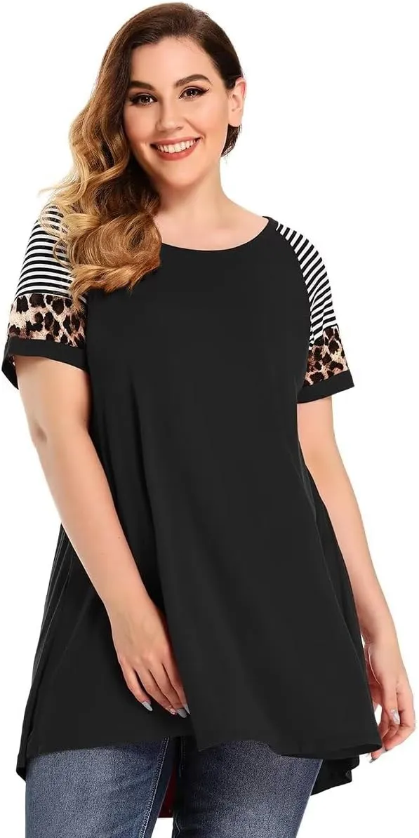 MONNURO Plus Size Tunics Leopard Print Tops For Women Casual Short Sleeve Striped Shirt Loose Fit