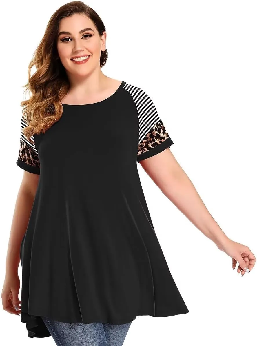 MONNURO Plus Size Tunics Leopard Print Tops For Women Casual Short Sleeve Striped Shirt Loose Fit
