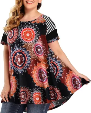 MONNURO Plus Size Tunics Leopard Print Tops For Women Casual Short Sleeve Striped Shirt Loose Fit