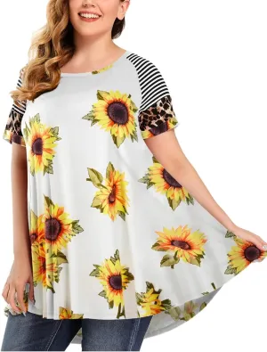 MONNURO Plus Size Tunics Leopard Print Tops For Women Casual Short Sleeve Striped Shirt Loose Fit