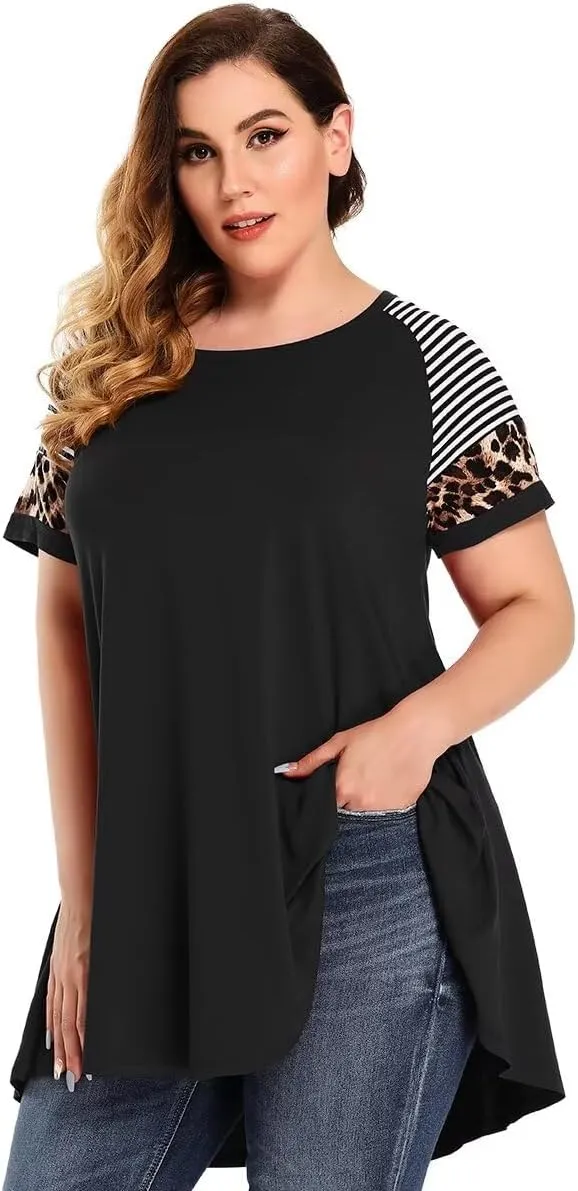 MONNURO Plus Size Tunics Leopard Print Tops For Women Casual Short Sleeve Striped Shirt Loose Fit