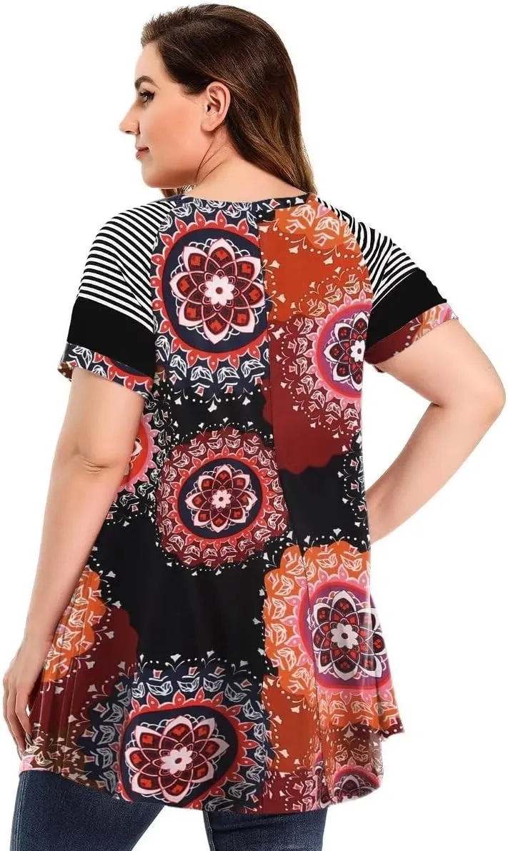 MONNURO Plus Size Tunics Leopard Print Tops For Women Casual Short Sleeve Striped Shirt Loose Fit